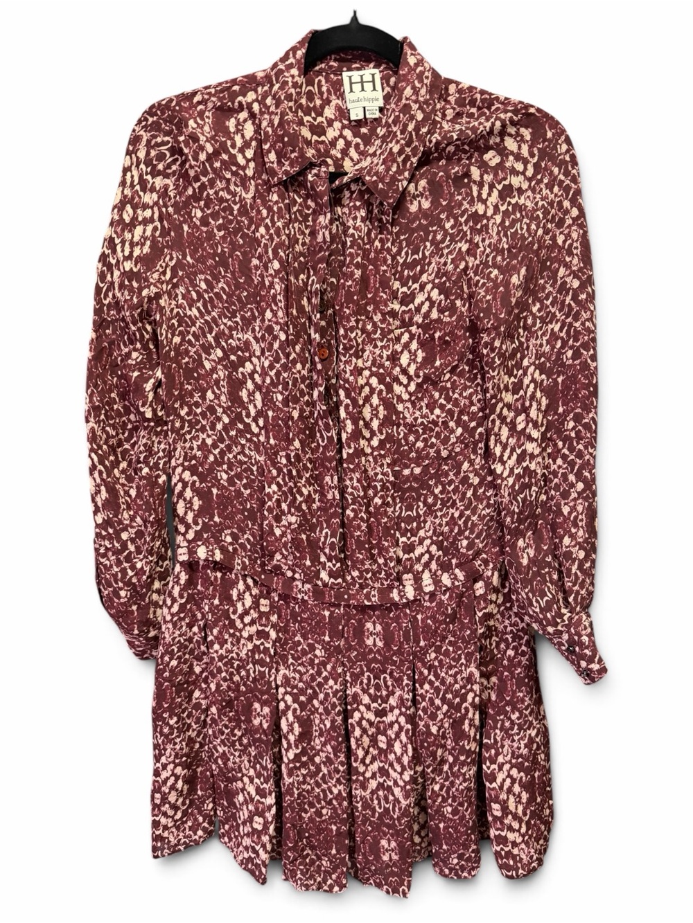 Haute Hippie The Chloe Silk Shirtdress Shadow Snake Merlot Drop Waist Sz Small